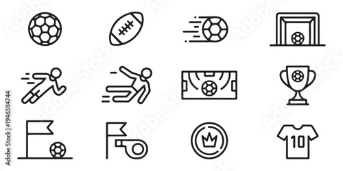 Soccer and football sport icon set linear vector illustration collection with american football ball