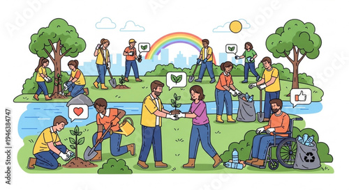 People of different abilities planting trees and recycling in a park with a rainbow