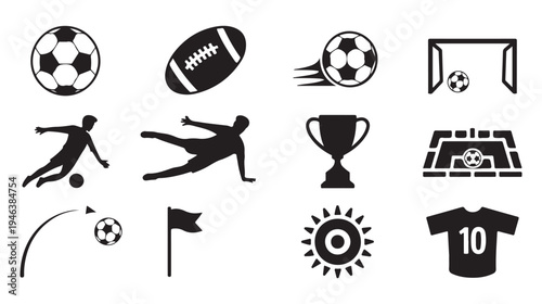 Soccer and football sport icon set black and white flat vector illustration with american football ball