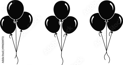 Black balloon bunch silhouette illustration set with three helium party balloons and strings isolated on white background festive celebration vector design