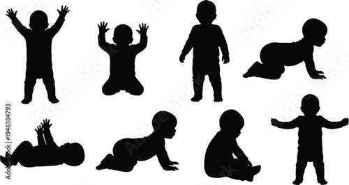 Baby growth stages silhouette collection showing crawling, sitting, standing and playing infants isolated black vector illustration set for childcare and parenting themes