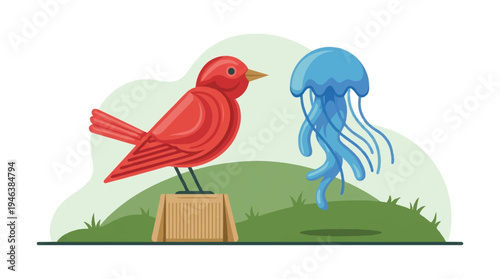 red bird standing on wood next to blue jellyfish on green hill