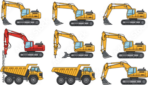 Excavator and dump truck construction machinery collection with different digging equipment, detailed vector illustration isolated for heavy industry, engineering work and construction site operations