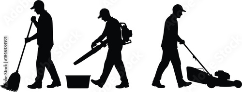Gardener worker silhouettes collection showing yard maintenance activities including sweeping, leaf blowing and lawn mowing, black vector illustration isolated for gardening service 