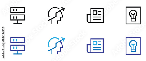 Business data icons vector set, tech server and analytics graphic, isolated growth mind newspaper lightbulb symbol, minimal line art marketing pack, professional corporate UI UX design element
