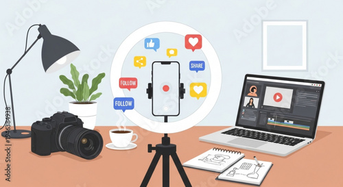 Creative workspace with smartphone on tripod camera laptop and social media icons for content creation and online engagement