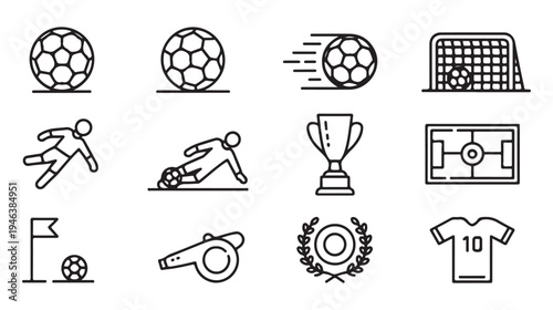 Comprehensive football line icon pack displaying soccer ball goal post player whistle trophy and stadium
