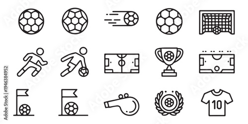 Professional soccer icon set including football pitch layout goal post jersey number trophy and whistle
