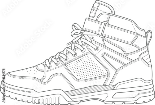 High-top athletic shoe technical line drawing illustration featuring strap design, perforated panels, padded collar, textured sole flat vector illustration