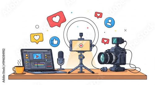 Video recording setup with camera smartphone laptop and microphone on a wooden desk with social media icons floating above