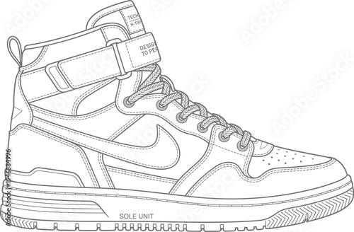 High-top sneaker technical line drawing illustration featuring strap design, stitched panels, sole unit details, branding elements flat vector illustration