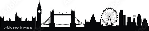 London skyline silhouette featuring Big Ben, Tower Bridge, London Eye and modern skyscrapers, black vector illustration isolated for travel design, tourism concept and famous landmarks