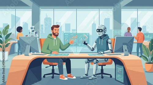 Man and friendly robot sitting at desk with computers, smart artificial intelligence assistant helping with business tasks.