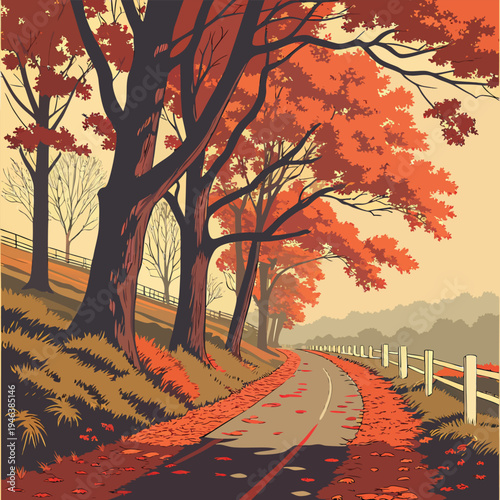 A quiet countryside road during the autumn season, surrounded by tall trees with vibrant red, orange, and green leaves. The road is covered with fallen leaves, and white fences line both sides of the 