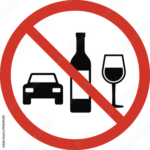 No drinking and driving sign, prohibition symbol, alcohol ban, car safety icon, road warning, traffic safety design, prevention concept illustration