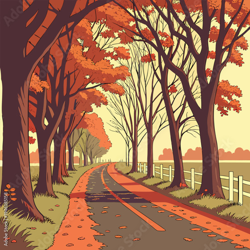 A quiet countryside road during the autumn season, surrounded by tall trees with vibrant red, orange, and green leaves. The road is covered with fallen leaves, and white fences line both sides of the 
