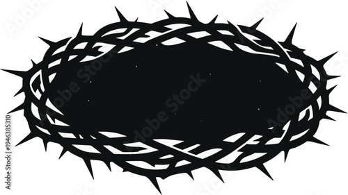 Black silhouette vector illustration of a crown of thorns, symbolizing suffering, sacrifice, and religious themes, isolated on a clean white background for design projects.