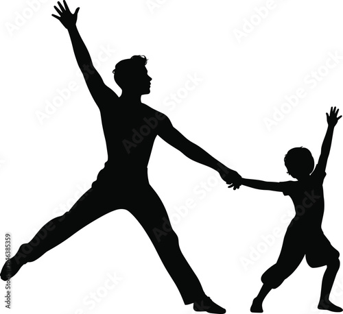 Family silhouettes illustration, adult child bonding, joyful poses, playful interaction, dynamic movement, connection concept, expressive design, togetherness art