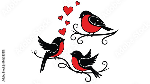 three bullfinches sitting on a branch with hearts around  love birds