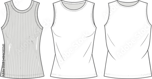 Three different tank with varying seam lines and shapes shown in a line-up tank clothing white gray