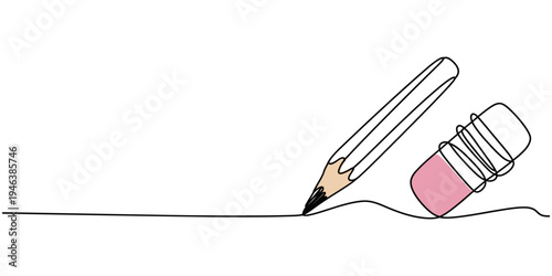 Pencil and eraser on paper with office and art tools