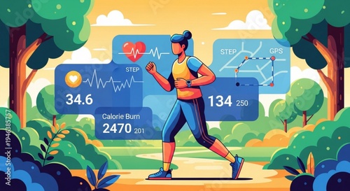 Woman jogging in park with fitness tracker and health metrics on screen illustrating healthy lifestyle and exercise routine outdoors