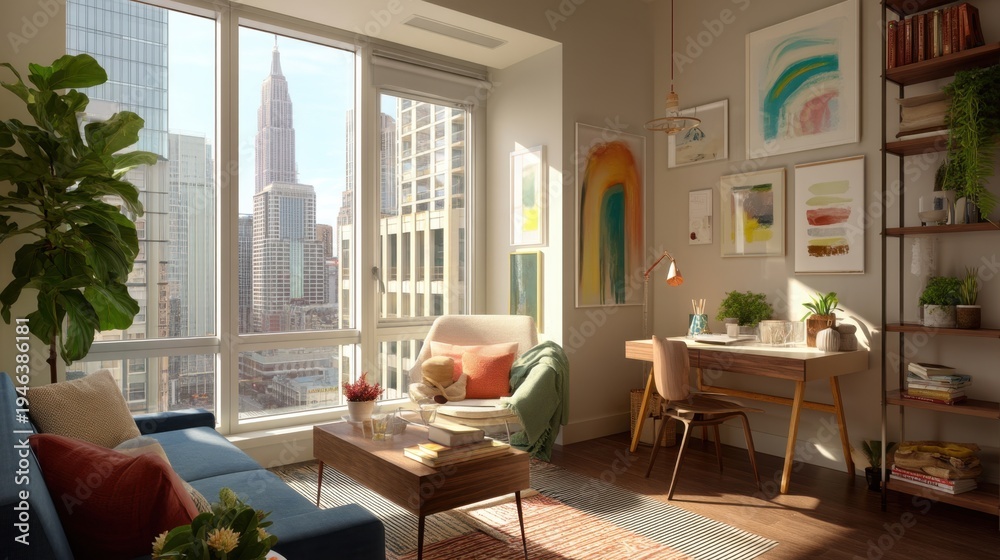 Fototapeta premium Cozy Modern Living Room with City View and Artistic Decor in Bright Sunlight and Stylish Furniture
