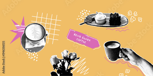 Collage with coffee and dessert on a yellow background. Colorful halftone collage. Woman's hand holding a mug. Graphic elements with a cup, cake, flower, and sticker. Modern creative design, cafe life