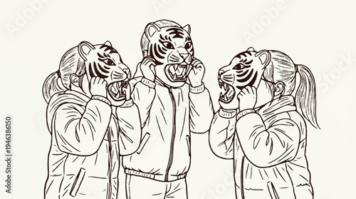 Three people wearing tiger masks and talking on phones