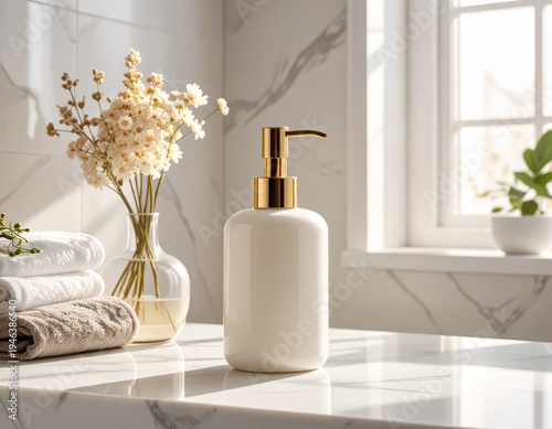 おしゃれで清潔感のある洗面台とハンドソープのモックアップサンプル　商品広告のイメージ素材