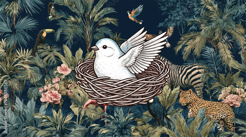 tropical jungle scene with bird in nest and various animals around