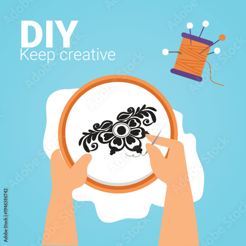 DIY craft, embroidery, creative hobby, sewing illustration, hand stitching