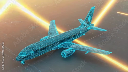 Modern Aerospace Design: 3D Airplane Model on a Digital Grid with Moving Golden Light Streaks, 4K video