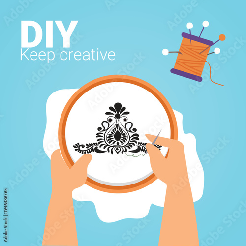 Vector illustration of hands embroidering, DIY craft
