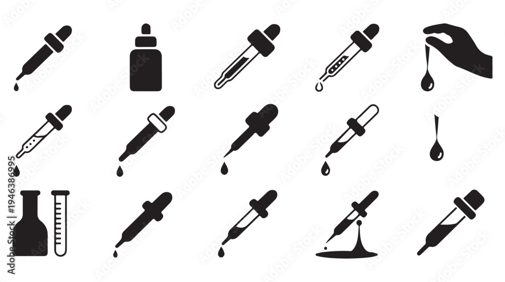 Obraz premium Set of black and white dropper icons, pipette with liquid drop, medicine bottle, test tube and hand