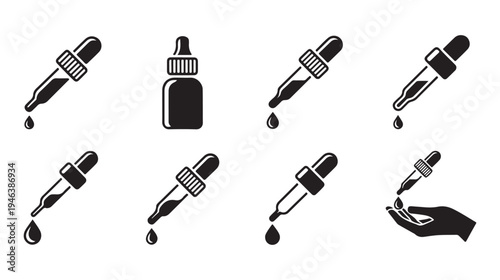 Medical dropper solid black icons set. Filled pictogram collection for laboratory and pharmaceutical usage illustration