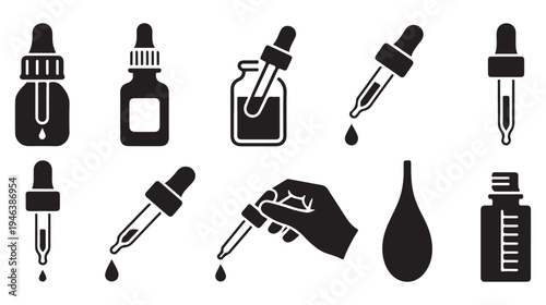 Dropper bottle and pipette icons. medicine fluid drop, laboratory equipment, cosmetic serum vector set