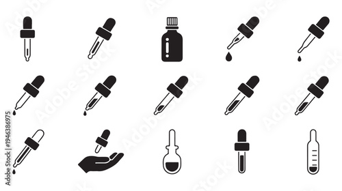 Set of black and white dropper icons, pipette with liquid drop, medicine bottle and test tube