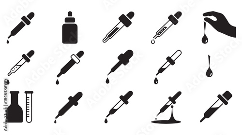 Set of black and white dropper icons, pipette with liquid drop, medicine bottle, test tube and hand