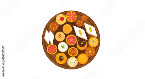 Vibrant Japanese Cuisine Arrangement with Sushi Rolls, Sashimi, and Traditional Indian-Inspired Illustration on Circular Plate