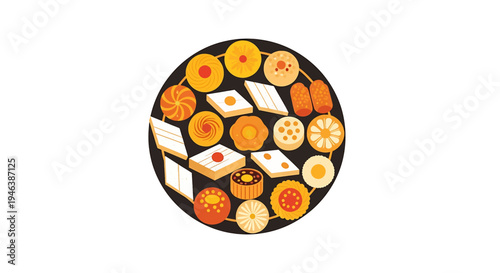 Elegant India-Inspired Vibrant Sushi Circle Arrangement on Plate Showcasing 16 Diverse Appetizing Pieces with Creative Composition in Studio Lighting