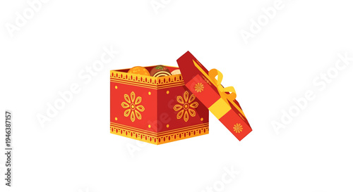Festive India Gift Boxes with Red Gold Accents - Celebratory Scene of Open Boxes in Vibrant Design, 3D Illustration
