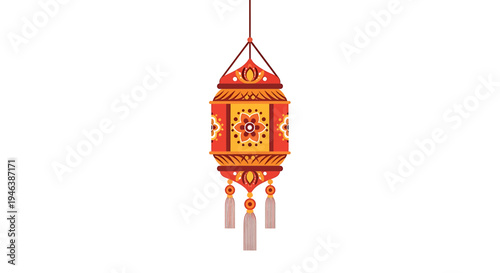 Vibrant Red Chinese Lantern with Yellow Orange Designs and Red Tassel Suspended on String, Indian-Inspired Festival Decorative Illustration