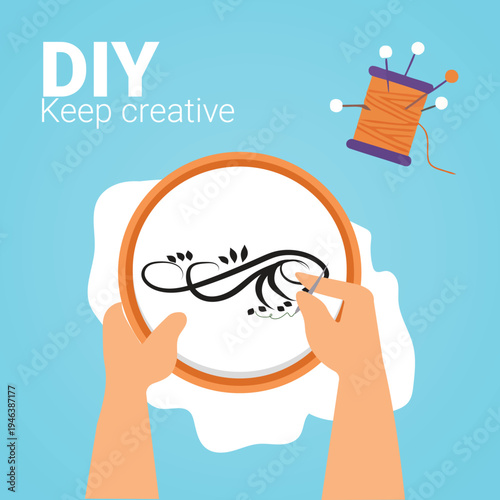 Vector DIY embroidery illustration with hands and thread