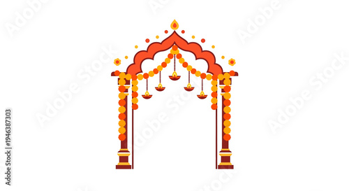 Vibrant Traditional Indian Archway Festival Celebration Decorative Architectural Design Vector Illustration