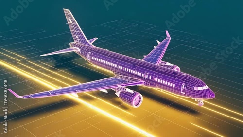 Innovation in Flight: Purple Neon Wireframe Aircraft Gliding over an Abstract Digital Runway with Kinetic Energy Effects, 4K video