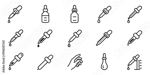 Set of 15 dropper vector line icons ideal for medical, scientific, and cosmetic liquid applications