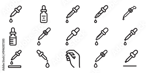 Set of 15 dropper vector line icons illustrating various liquid transfer and dispensing concepts