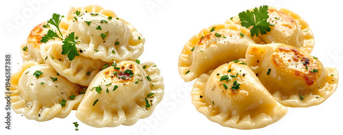 pile of pan fried pierogi dumplings garnished with fresh chopped green parsley seasoning isolated on transparent background. PNG die-cut for advertising
