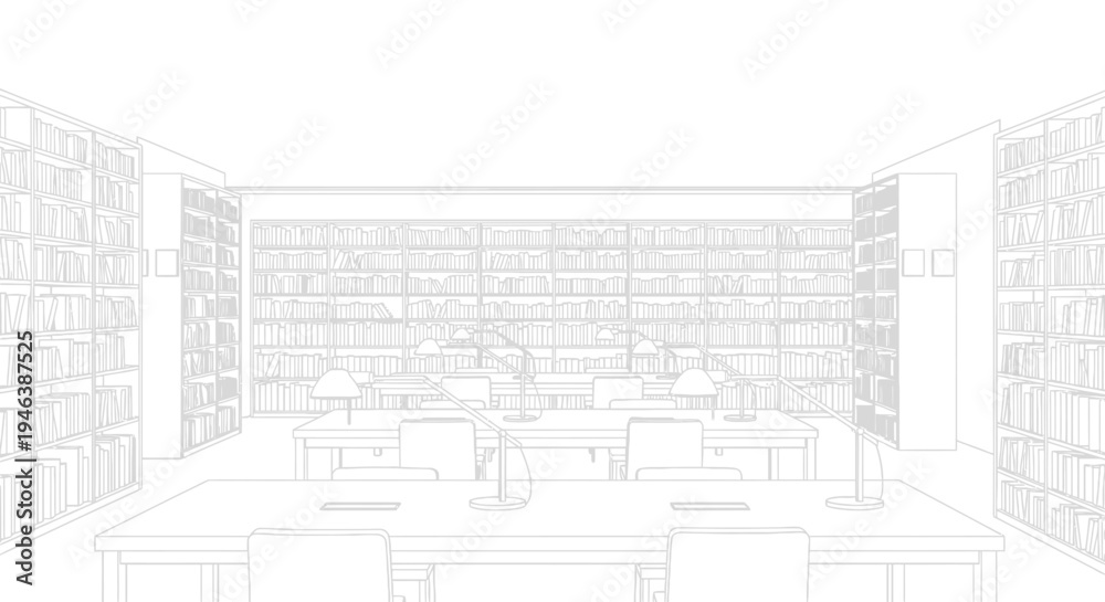 Fototapeta premium Minimalist line drawing of a spacious library interior with numerous bookshelves and study tables.